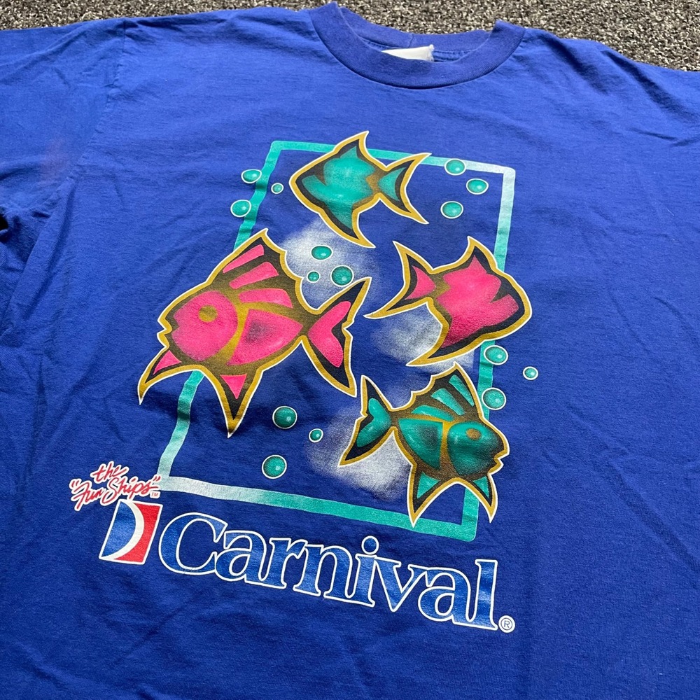 Vintage Carnival Cruise Line Fun Ships T-Shirt Blue Neon Fish Single Stitch L - Picture 2 of 8